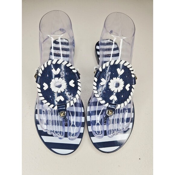 JACK ROGERS navy Blue Striped Rubber Medallion Whipstitch Jelly Thong Sandals 6 - Picture 3 of 10